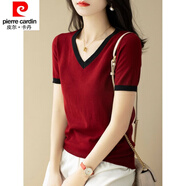 皮爾卡丹（pierre cardin）23年新款短袖t恤上衣女V領(lǐng)修身簡(jiǎn)約夏季新款拼色薄款冰絲針織衫女 酒紅色【V領(lǐng)短袖】 M 100-110斤