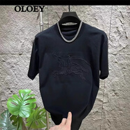 OLOEY 香港潮牌男士T恤圓領戰(zhàn)馬繡花休閑刺繡短袖男夏季新款時尚百搭 黑色 M 80-100斤