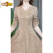 初徑2026秋季連衣裙韓版v領(lǐng)高腰遮肚子秋天連衣裙春秋款新款 卡其色 【有口袋】 M 建議【85-100】斤