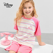 迪士尼（Disney）童裝男童女童中褲短袖t恤套裝兒童2024夏季新款時尚兩件套 深玫粉【女童】 100