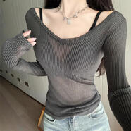 小野七天V領(lǐng)防曬長(cháng)袖t恤女夏秋美式修身早秋微透辣妹罩衫純欲上衣打底衫 V領(lǐng)罩衫【深灰M】