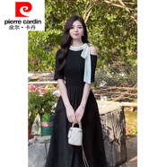 皮爾卡丹（pierre cardin）2024夏時尚中袖法式收腰顯瘦露肩連衣裙女長款蝴蝶結(jié)赫本風(fēng)小黑裙 黑色 S