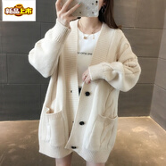 初徑秋冬新款慵懶風(fēng)V領(lǐng)中長(zhǎng)款麻花毛衣外套女純色百搭大口袋針織開(kāi)衫 杏白 L