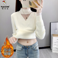 啄木鳥(niǎo)加絨加厚毛衣女秋冬新款蕾絲邊針織衫保暖一體絨打底衫洋氣內(nèi)搭潮 白色 S 80-95斤