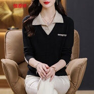 恒源祥2024秋冬新款100%羊毛衫女春秋假兩件翻領(lǐng)女式毛衣女裝上衣針織衫 黑色 3XL 【135-150斤】