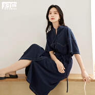 對白新中式立領(lǐng)撞色連衣裙女2025夏季新款垂感顯瘦連肩袖襯衫裙子 藏青色 L