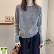 品哥弟新【專柜大碼】秋冬休閑簡約打底毛衣女字母刺繡拼色圓領顯瘦針織衫 灰色 XL 120-130斤