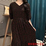 嫻槐綿綢連衣裙法式感女夏時(shí)尚碎花人造棉輕薄純黑中長(zhǎng)款寬松裙子 黑底小紅花-約會(huì)戰(zhàn)袍溫柔風(fēng)連衣裙 M XL碼 裙長(zhǎng)120C-約會(huì)戰(zhàn)袍溫柔風(fēng)連衣裙