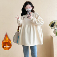 孕婦裝上衣秋冬季大碼長(cháng)袖衛衣加絨加厚冬天寬松遮肚娃娃衫冬裝女 杏色（加絨上衣） L（120-135斤穿）