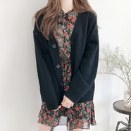 翊尚美中長款針織衫開衫外套女春秋學(xué)生長袖上衣新款寬松顯瘦慵懶風(fēng)毛衣 黑色【無口袋加厚款】 均碼 【適合80-140斤】
