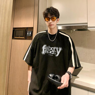 OEMG 美式復(fù)古短袖t恤男夏季新款潮流牌青少年五分袖上衣服寬松休閑衫 DSAA456-T570黑色 2XL [建議140-160斤]