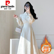 皮爾卡丹（pierre cardin）秋冬新款新中式改良旗袍加絨連衣裙女國風(fēng)少女感裙子內(nèi)搭打底長裙 米白色加絨款 M