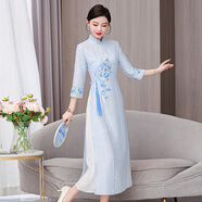 妖妮改良旗袍連衣裙女新款日常2025夏季新中式國風(fēng)雪紡刺繡長款演出服 淺藍(lán)色 薄款 L （建議體重105-115斤)