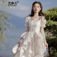 艾珠兒（Aizhuer）法式復古在逃公主碎花雪紡連衣裙夏季初戀甜美仙氣仙度假沙灘裙子 碎花 S