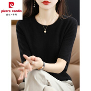 皮爾卡丹羊·毛衫女短袖春秋圓領(lǐng)寬松短款打底衫半袖針織衫薄款毛衣女 黑色 L 110-125斤