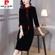 皮爾卡丹（pierre cardin）春裝新中式金絲絨長袖女士連衣裙春秋2025新款中國風(fēng)媽i媽春款裙 紅色 2XL [126-140斤]