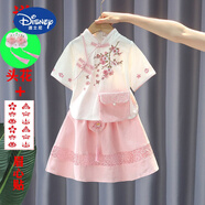 迪士尼（Disney）女童漢服夏季服裝寶寶改良超仙國(guó)風(fēng)夏裝純棉兒童棉裝短袖套裝 粉色梅花夏款收藏頭花美心貼 150身高135cm左右