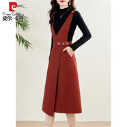 皮爾卡丹（pierre cardin）長袖針織衫背帶裙套裝2024秋季新款修身顯瘦通勤背心連衣裙兩件裝 卡其色 L【建議105-115斤 】