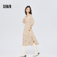 Semir森馬連衣裙女郁金香雪紡裙開(kāi)叉優(yōu)雅春秋v領(lǐng)碎花裙甜美森系 紅白色調0361 XS 150/76A