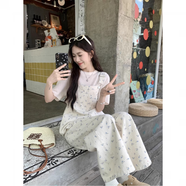 雷黛茜休閑時尚套裝女夏季新款減齡氣質(zhì)碎花牛仔背帶褲高腰直筒長褲 主圖款 S  建議80-100斤