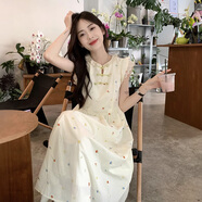 妙奕嘉新中式連衣裙女士裙子夏天女裝2025新款少女感碎花連衣裙純欲長裙 小飛袖新中式盤扣碎花裙 L