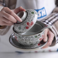 和風(fēng)四季淺田釉下彩陶瓷碗日式餐具家用蓋碗湯碗蒸碗泡飯碗餐廳擺臺餐具 4.5英寸小號紅花蓋碗+勺+圓盤(pán)