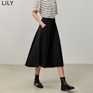 LILY秋新款女裝都市優(yōu)雅時(shí)髦OL通勤壓褶A字顯瘦半身裙中長(cháng)款 510黑 XL