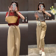 韓璐嬌（hanlujiao）休閑褲女裝2025夏季新款小個(gè)子顯高穿搭減齡通勤套裝九分直筒褲子 卡其色褲 L （建議108-120斤）