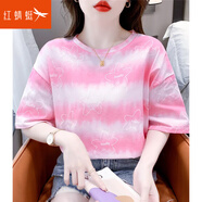 紅蜻蜓（RED DRAGONFLY）時(shí)尚扎染印花純棉短袖T恤女夏季新款韓版寬松百搭圓領(lǐng)上衣服 粉色 S 適合80-99斤