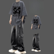 星宿搖（xingsuyao）夏季美式復古短袖T恤套裝男酷帥穿搭寬松潮牌高街男裝一整華服邦 深灰純棉短袖+黑色牛仔褲【兩件套】 XL