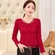 PHJ秋冬新款女裝蕾絲打底衫女長(cháng)袖韓版德絨加厚上衣中年洋氣內搭小衫 紅色 -薄款 M