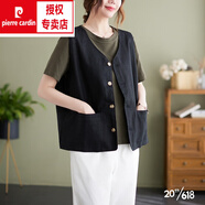 皮爾卡丹（pierre cardin）棉麻馬甲女無(wú)袖坎肩夏季寬松百搭薄款亞麻背心外套馬夾上衣 黑色 XXL【建議140-170斤】