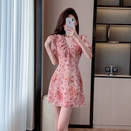 燕潯2025夏季新款法式茶歇裙碎花連衣裙女收腰氣質(zhì)小個(gè)子a字短裙 橘粉色 M (建議95-110斤)