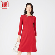 漁漁服飾中國風(fēng)女裝2024新款春秋高級針織羊毛呢長(cháng)袖連衣裙FGGA0060 果紅 S