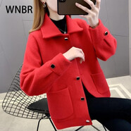 WNBR雙面毛呢外套女2025秋冬新款韓版小個子仿水貂毛開衫加厚短款上衣 紅色 M 【建議85斤-95斤】