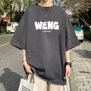 Tim Peake小領(lǐng)口五分袖t恤男款夏季港風(fēng)潮牌印花寬松大碼半截袖 C39 深灰色 M