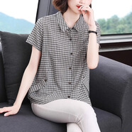 燕潯格紋POLO領(lǐng)短袖襯衫女夏季新款簡(jiǎn)約寬松單排扣洋氣設(shè)計(jì)感減齡襯衫 黑白格紋 2XL (160) 建議體重范圍130-140斤