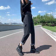 GOCHIEI薄款可調(diào)節(jié)高腰牛仔褲女秋新款韓版闊腿九分直筒蘿卜哈倫褲潮 黑灰色 M
