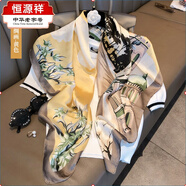 恒源祥大方巾絲巾女2024新款百搭媽媽圍巾秋冬季感搭配襯衫披肩外搭 波普綢畫(huà)-黃色 【90*90cm大方巾