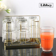 利比條紋可疊玻璃杯咖啡杯茶家用餐廳水杯茶杯創(chuàng  )意威士忌啤酒杯果汁杯 6只裝高款350ml+金色杯架
