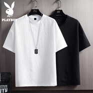 花花公子（PLAYBOY）冰絲短袖T恤男士夏季純色亞麻運(yùn)動(dòng)速干半袖寬松百搭打底衫上衣服t 白色 L (121-140斤)