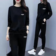 ZGWT輕奢高檔品牌休閑運動(dòng)套裝女春秋新款寬松秋冬加絨圓領(lǐng)衛衣兩件套 黑色套裝(小CHINA 春秋款) XL (120-135斤)