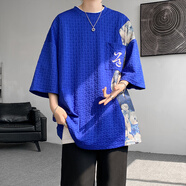主意范胖子小熊刺繡半短袖T恤男新中式加肥加大碼潮流夏季薄款寬松上衣 A059-T10016藍色 L 115-125斤
