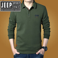 JEEP SPIRIT春秋季男士t恤長袖中年爸爸裝棉Polo寬松帶領(lǐng)體恤秋裝上衣 軍綠色 L (135-150斤)