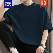 羅蒙（ROMON）260g重磅純棉短袖t恤男圓領(lǐng)上衣服美式寬松夏季全棉半袖純色體恤 M09藏藍色 L 【120-140斤】