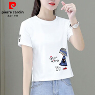 皮爾卡丹100純棉白色短款t恤女上衣短袖2025夏季新款寬松矮個(gè)子高腰體恤衫 白色（字母短款貓女孩） 3XL 130-140斤