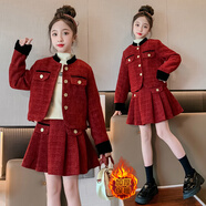 亨比新款新年拜年服女童加厚小香風(fēng)套裝女孩本命年紅色短裙外套兩件套 89款套裝 150 碼適合身高1米4左右
