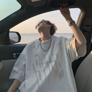 Shelley Jones 多巴胺穿搭黃橙色短袖t恤男夏季新款重磅亮色美式高街五分袖體恤 花灰色 XL [建議125-145斤]