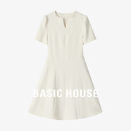 Basic House/百家好法式赫本風(fēng)小白裙子女夏新款V領(lǐng)中長(cháng)款連衣裙 白色 M