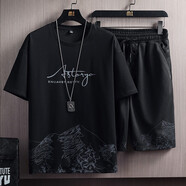威覺(jué)冰絲短袖t恤男夏季休閑套裝男士速干青年家居服運動(dòng)短褲兩件套 【套裝】山峰黑+短褲 L 【100-115斤】